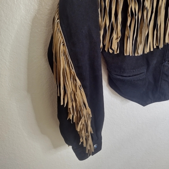 Morganwear Black Denim Western Fringe Festive Turquoise Buttoned Jacket Sz M - Picture 4 of 10